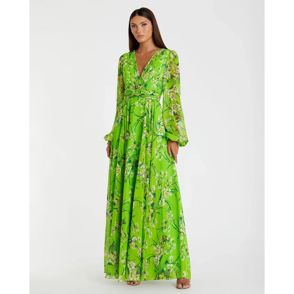 Mac Duggal Lime Green Floral Maxi Dress